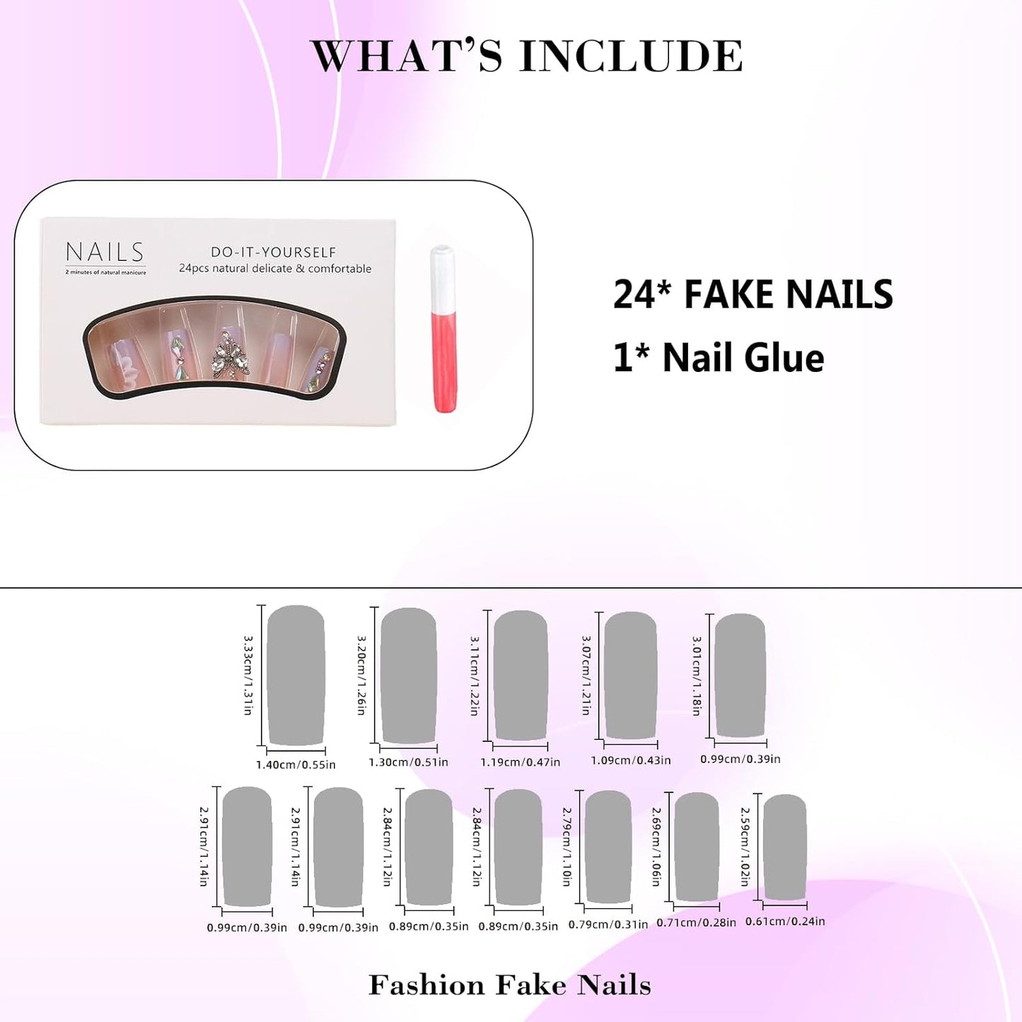 Press on Nails Long Square Fake Nails Purple Gradient Glossy False Nails Full Cover Glue on Nails with Butterfly Rhinestone Designs Artificial Spring Acrylic Squoval Nails Kit Stick on Nails