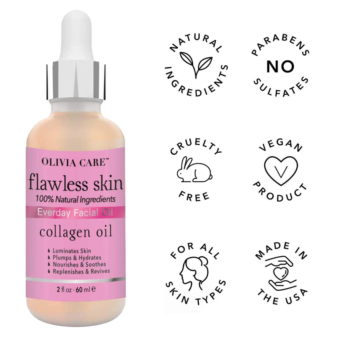 Collagen Facial Oil - Flawless Essential Facial Oil 100% Natural. Nourishing, Reviving & Hydrating Soothing - for All Skin Types - 2 Fl Oz (Collagen)